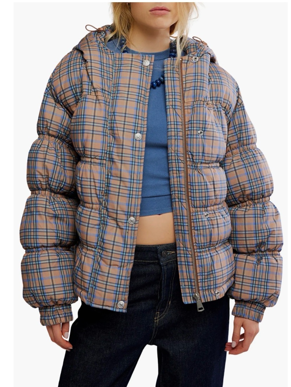 Free People Party of One Plaid Water Resistant Hooded Puffer Jacket